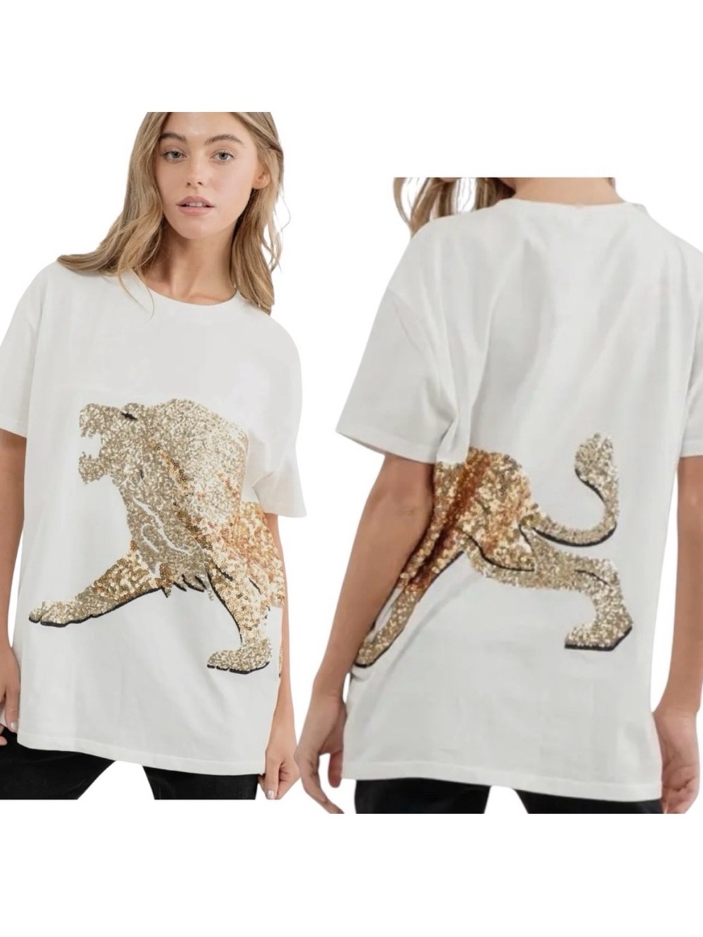 NEW Blue B White & Gold Allover Sequin Lion Short Sleeve Soft Comfy T-Shirt S